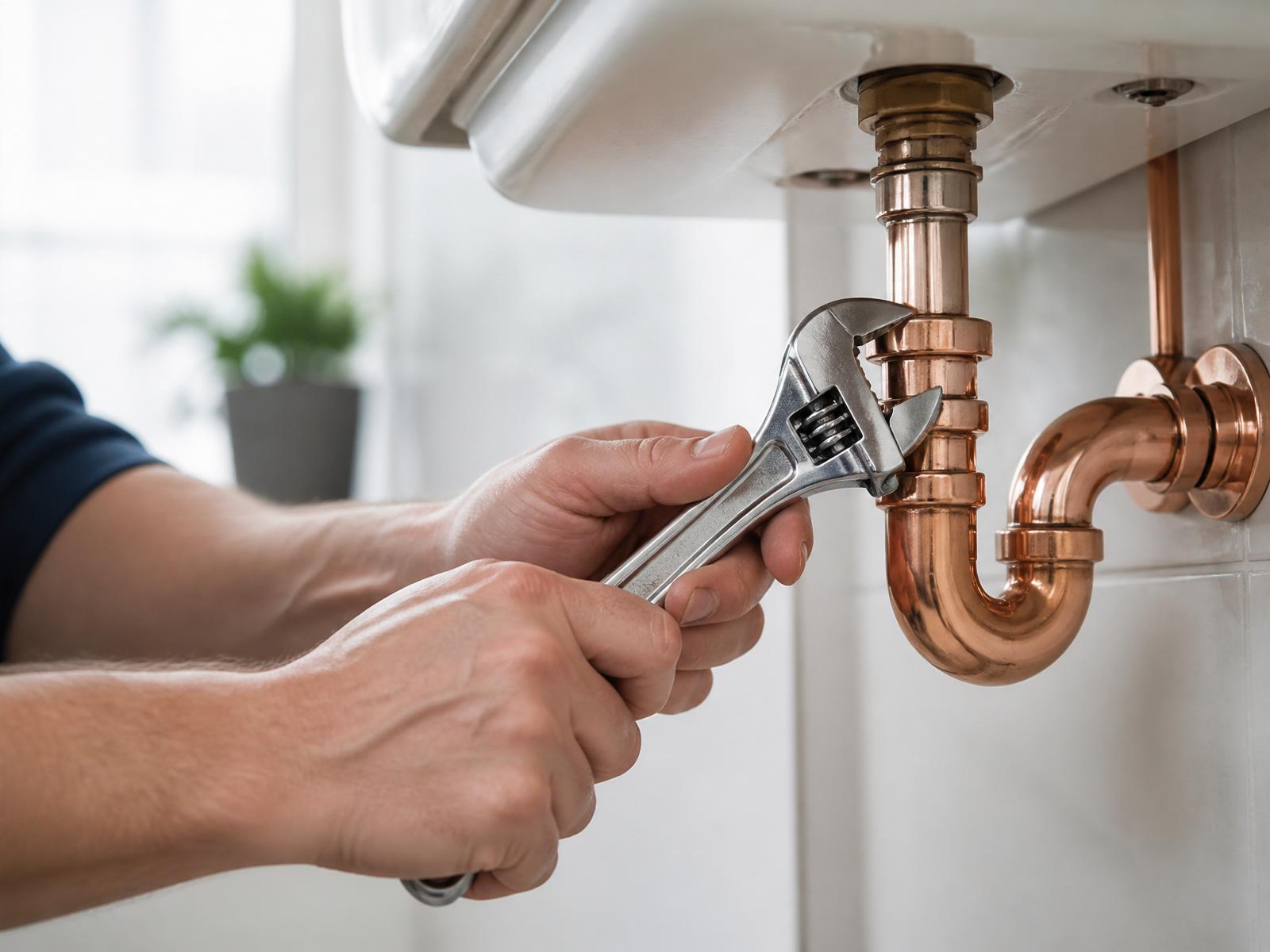 Plumber fitting a copper pipe under a modern sink